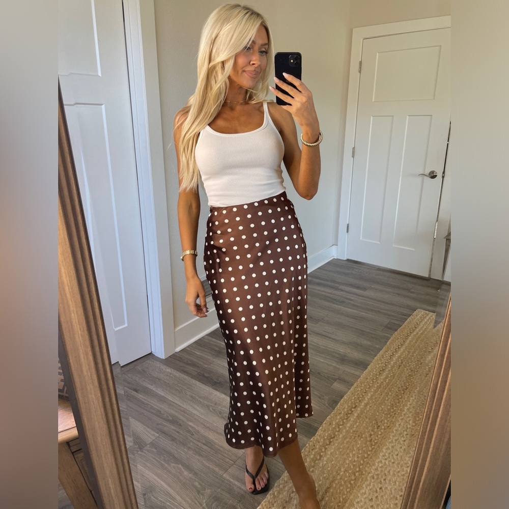 Polka Dot Satin Midi Skirt - Brown/White